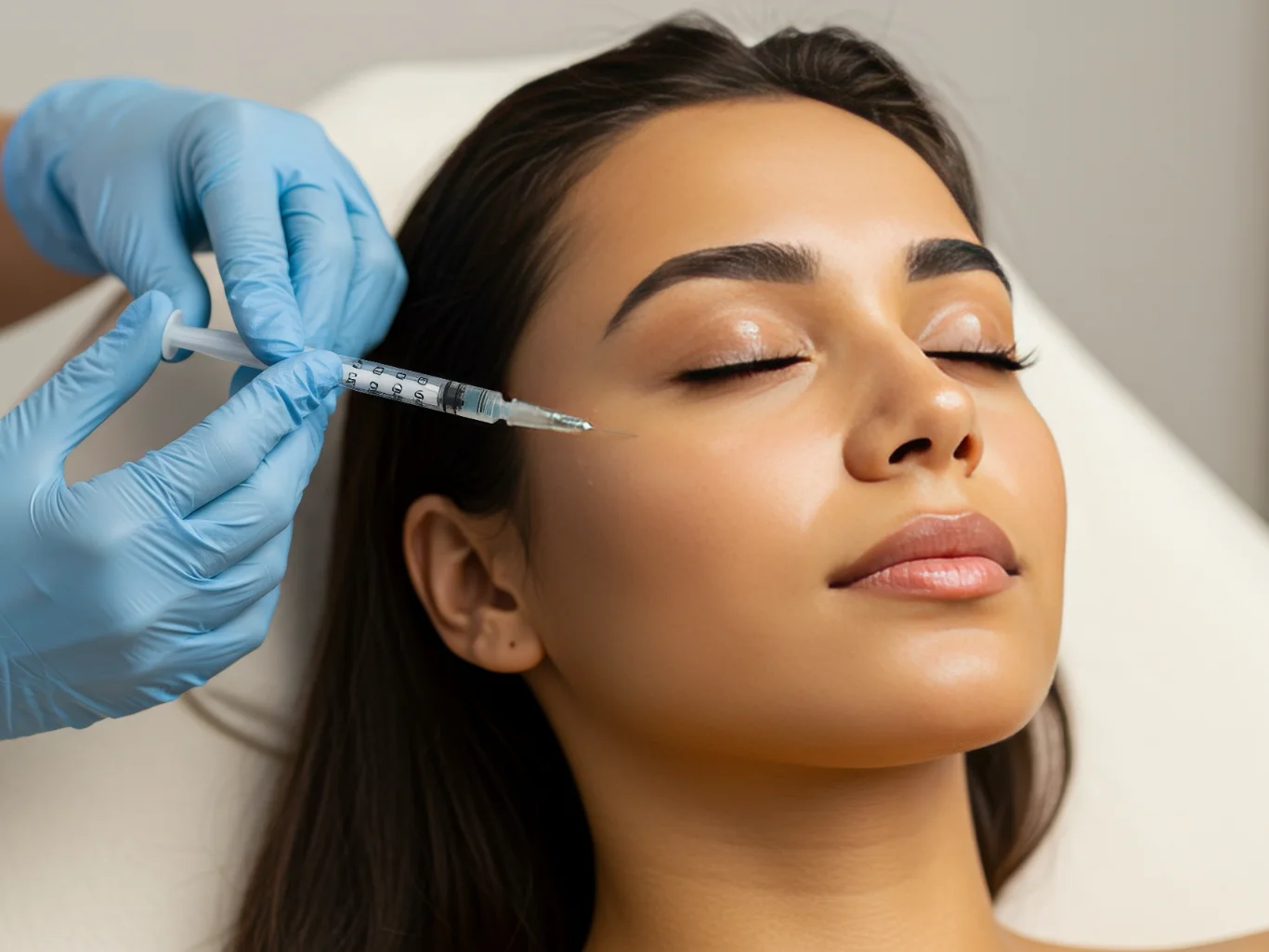 Professional Facial Injectable Treatment for Rejuvenation A close up shot of a woman with her eyes closed receiving a cosmetic injection near her cheek and under eye area