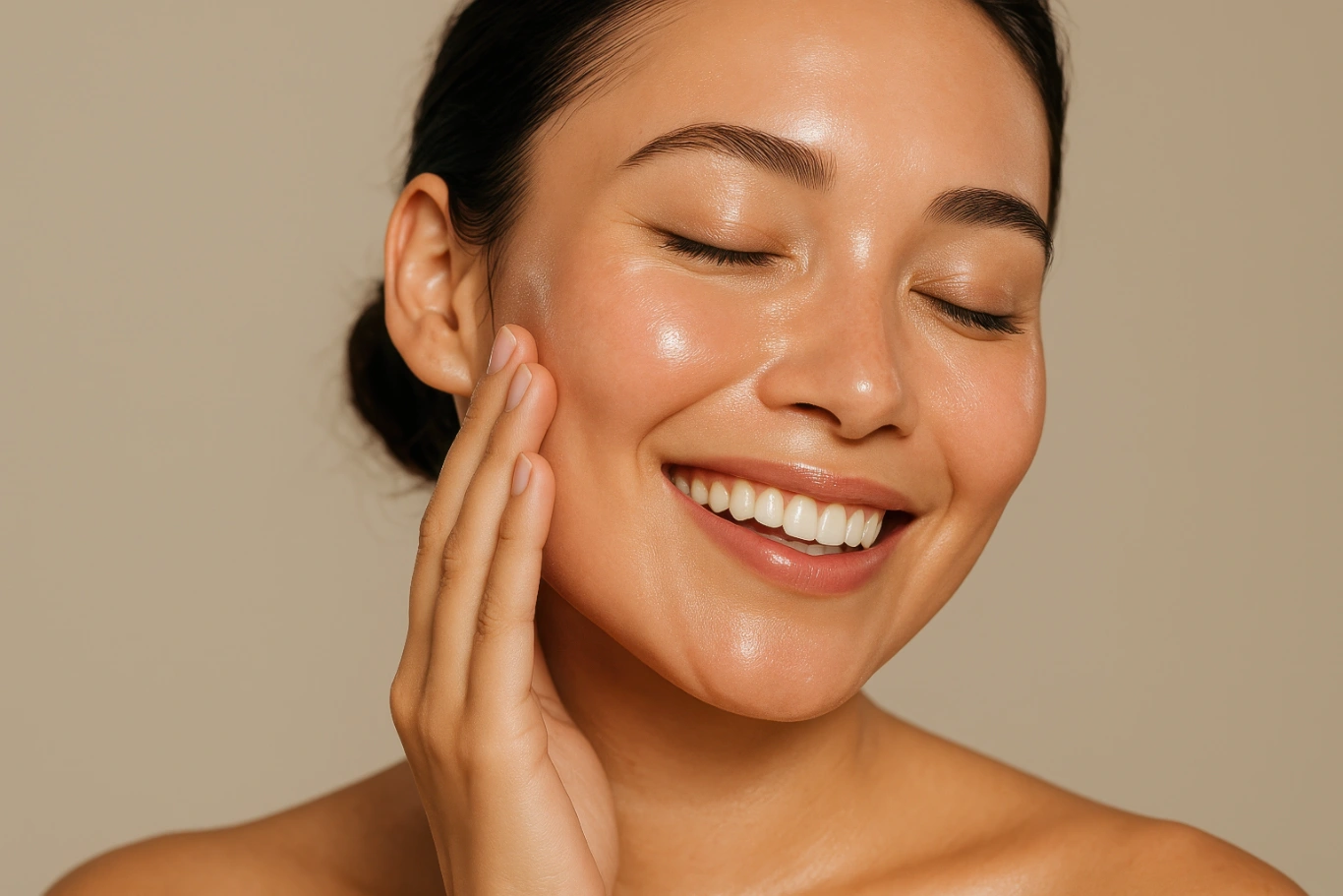 radiant woman celebrating flawless skin after professional beauty treatment